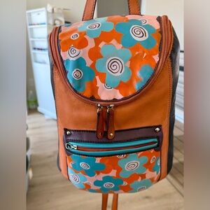 Blue And Orange Floral Hand Painted Salmon Colored Leather Backpack